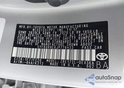 2018 Toyota Corolla Se из США, поврежденный, VIN 5YFBURHE6JP776433